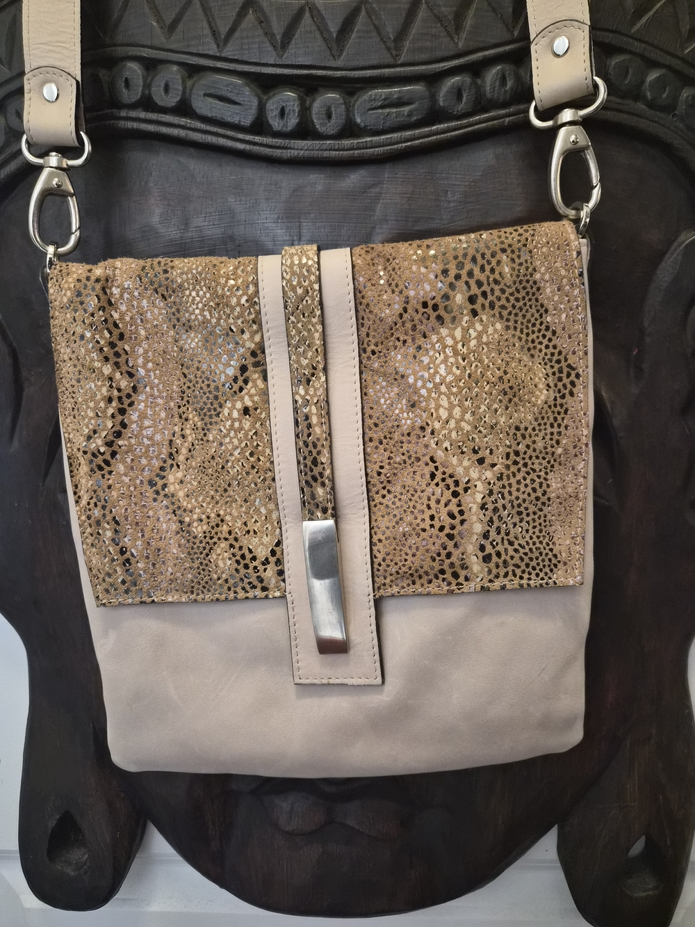 Sagali Beige and Tan Crossbody Bag with Metallic Accent